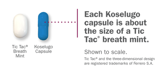 Image showing that a Koselugo capsule is similar in size to a Tic Tac breath mint